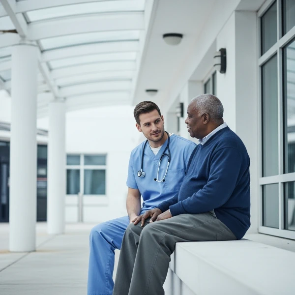 A compassionate caregiver assisting a client in their home.